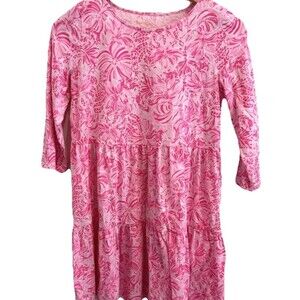 Lilly Pulitzer Girls XL 12 14 Geanna Swing Dress Pink Floral Tiered Cotton Sprng